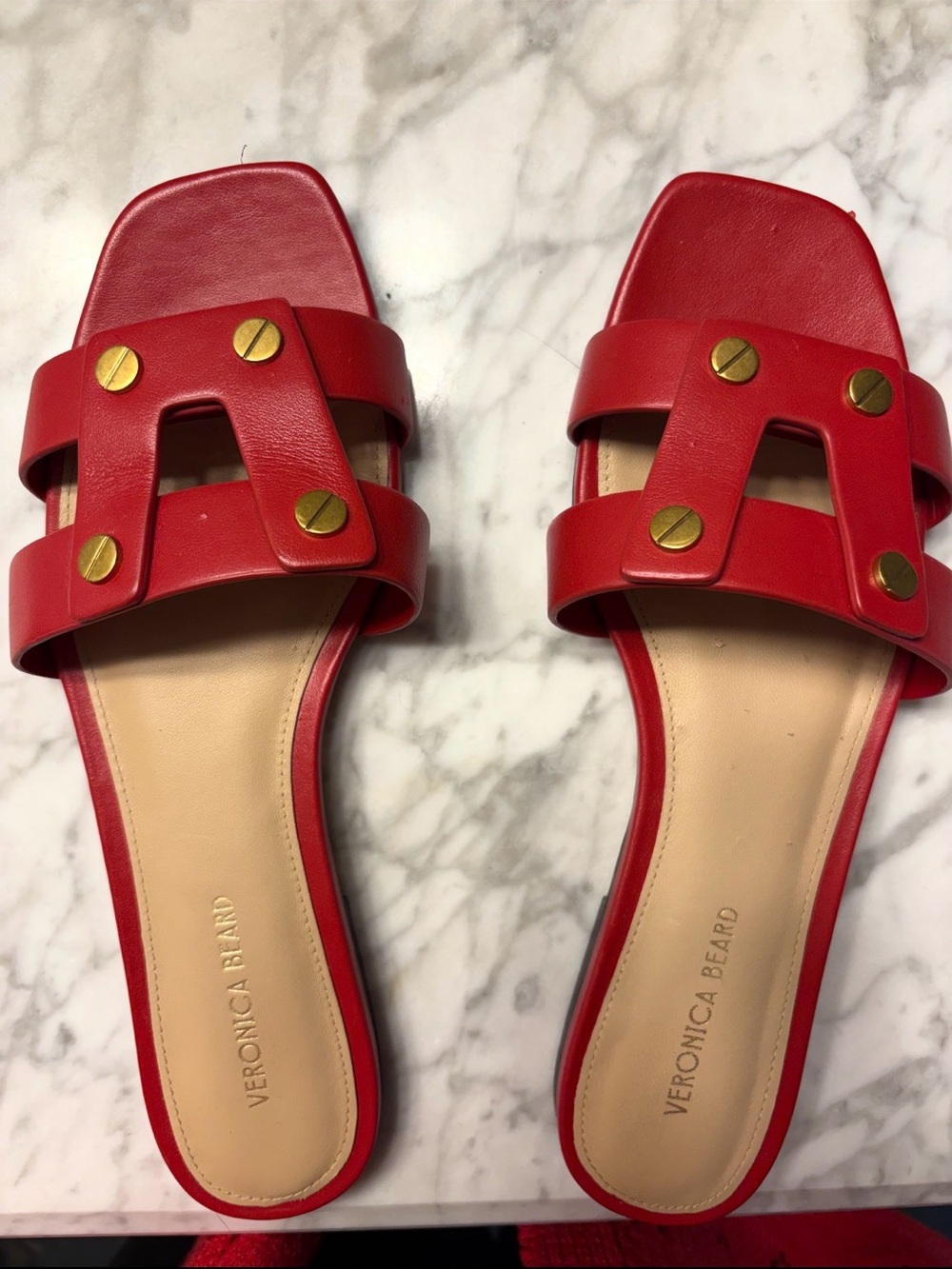 Veronica Beard Red Leather Slide Sandals with Gold Studs